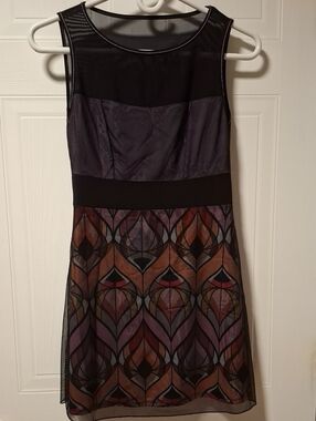 Sleeveless Midi Dress in Purple and Black with Patterned Skirt